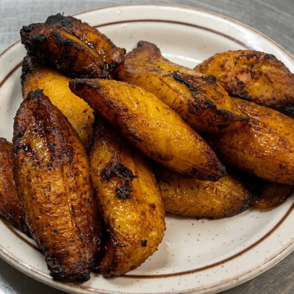 Plate of charred golden-brown roasted plantains arranged on a ceramic dish atop a stainless-steel surface.