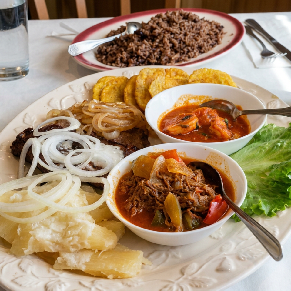 Assorted Latin American dishes, including rice, fried plantains, stewed meat, tomato sauce, onions, and lettuce, served on a table.