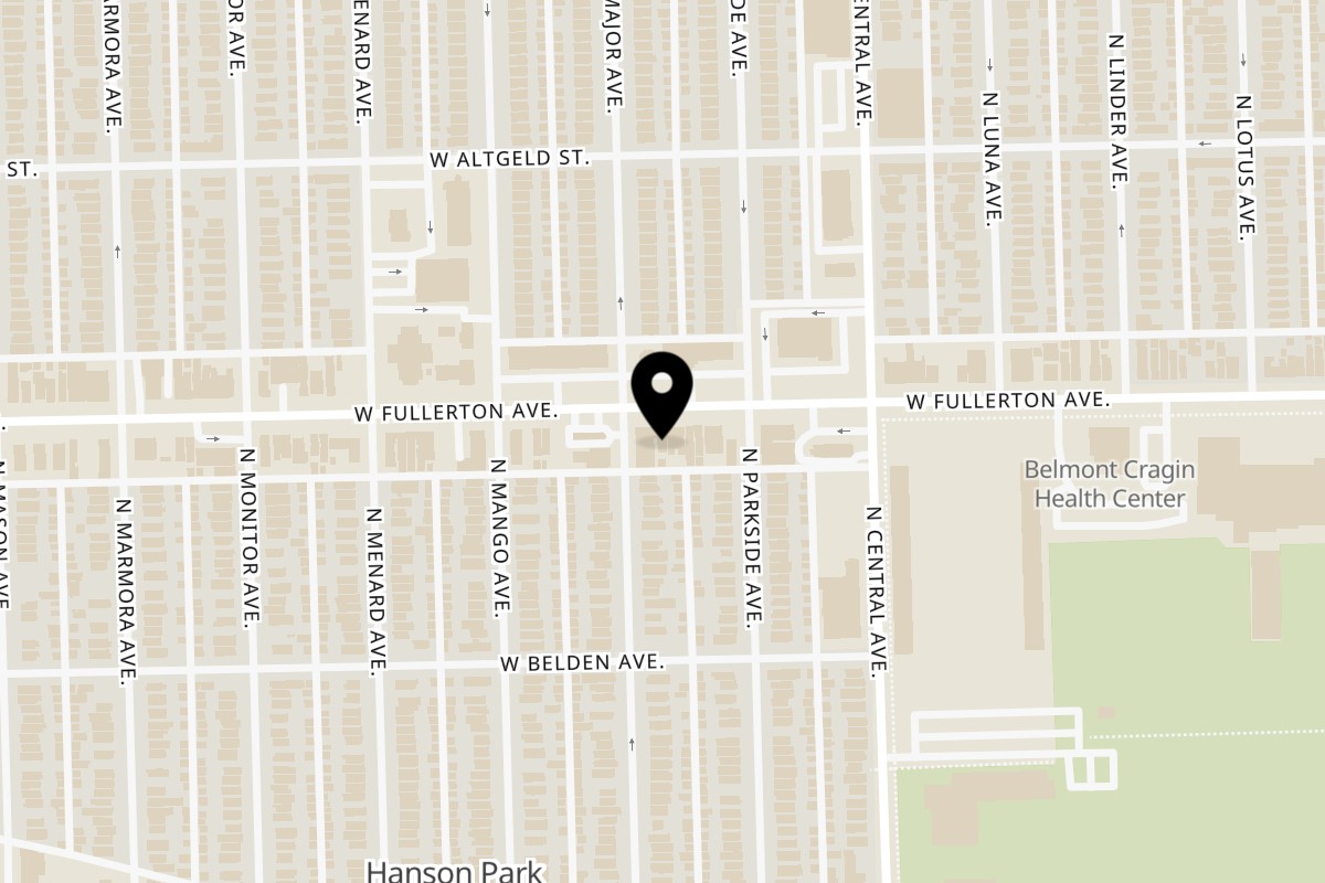 Map showing the location of D'Cuba Restaurant on 5653 W Fullerton Ave in Chicago